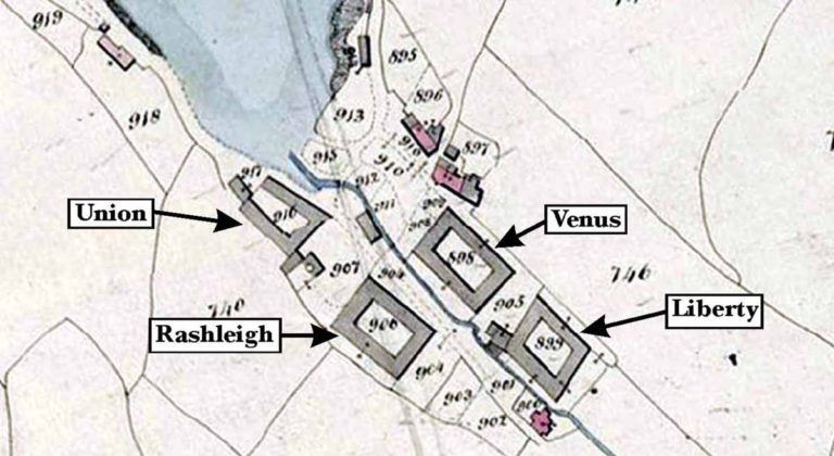 The Tithe Map of 1839 showing the four fish cellars with their names added